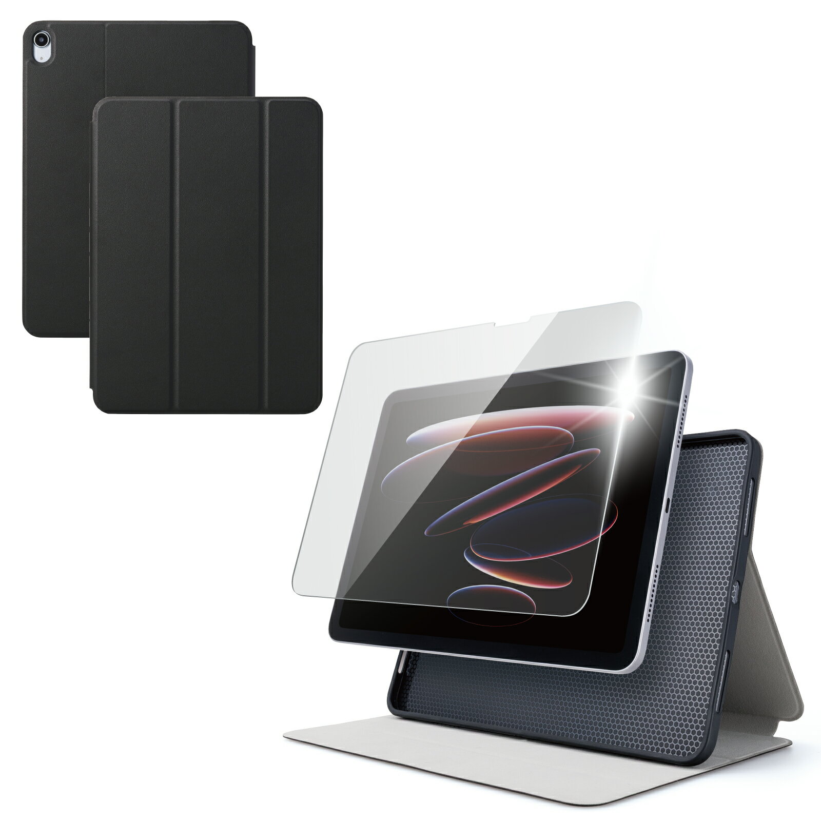 エレコム iPad Air 11インチ (M4/M3/M2) 2026/2025/2024年 ケース フィルム スターターキット 衝撃吸収 フラップケース フリーアングル オートスリープ 光沢 ガラスフィルム 簡単貼り付けツール付き ブラック TB-A26MSASTBK