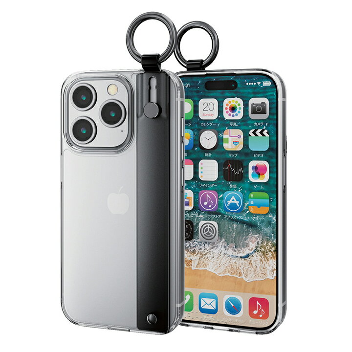 エレコム iPhone 15 Pro 用 ハイブリッドケース ハンドバンド ＆me iPhone15 Pro 3眼 6.1 インチ ハイブリッド ケース カバー ブラックバンド ストラップシート付属 クリア ELECOM PM-A23CHVHBBK