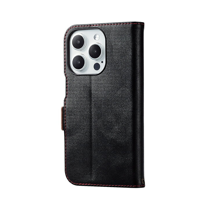 エレコム iPhone 15 Pro 用 ソフトレザーケース 手帳型 磁石付 耐衝撃 ステッチ iPhone15 Pro 3眼 6.1 インチ ソフト レザー ケース カバー ブラック ELECOM PM-A23CPLFYBK