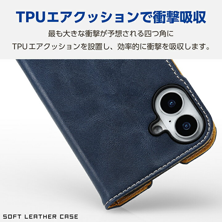 エレコム iPhone16 Plus 用 ソフトレザーケース 磁石付 耐衝撃 ステッチ 2眼 6.7 スマホ ソフトレザー ケース カバー ネイビー PM-A24BPLFYNV