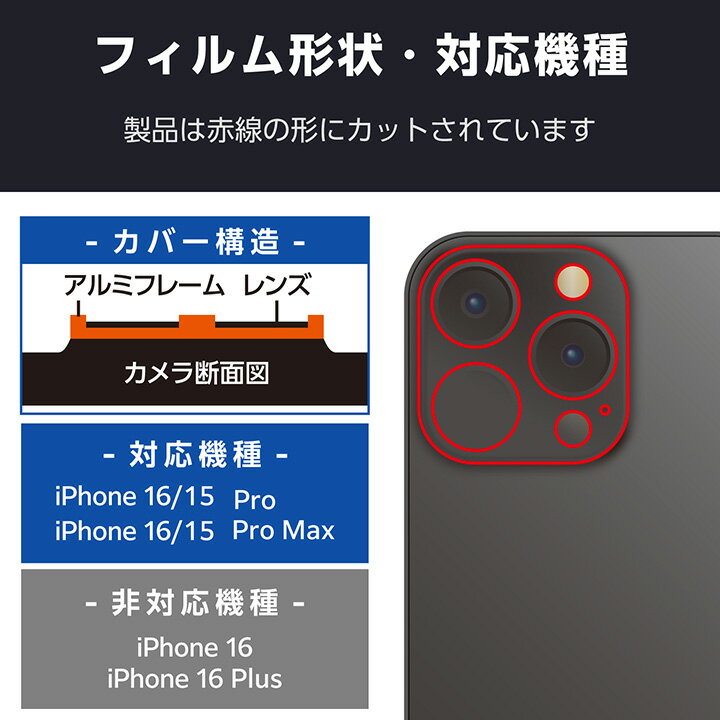 エレコム iPhone16 Pro / Pro MAX 3眼 用 カメラレンズフレーム アルミフレーム 3眼 スマホ カメラ レンズ カバー カメラ 保護カバー ブラック ELECOM PM-A24CFLLP2BK