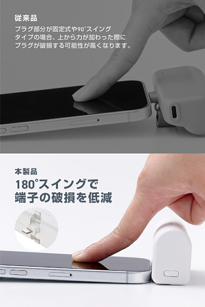 ���쥳�� ��Х���Хåƥ꡼ �ޤ���߼�ľ�ޤ� Lightning�ץ饰 5000mAh 12W ������।�������� ľ�ޤ� 180�٥����󥰥��ͥ��� USB-C �ۥ磻�� ELECOM EC-C29LWH