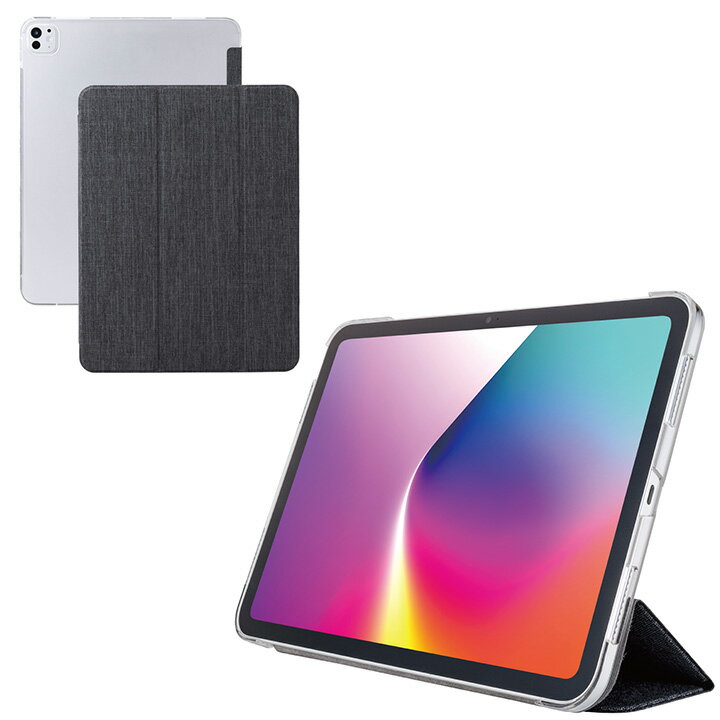 エレコム iPad Pro 13inch M4 用 フラップケース 薄型軽量 ファブリック 背面クリア 2アングル ブラック ELECOM TB-A25PLWVCBK 2