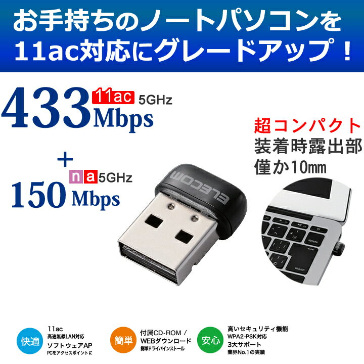 ■世界最小クラス11ac /n/a(5GHz)専用USB2.0対応無線子機 ※2015年6月25日現在 当社調べ。パソコンに装着したままでも邪魔にならない最小サイズ(装着時露出部僅か10mm)旧世代のWi-Fi機能を搭載したパソコンを手軽に11acにアップグレードすることができます。■5GHz通信で電波干渉に強く、11acにより最大433Mbpsの超高速通信に対応しているため、手軽にパソコンをグレードアップすることが可能です。 ※11n/g/b (2.4GHz)通信には対応しません。11ac/n/a (5GHz)対応の無線LANルーターと組み合わせてご利用ください。 ■世界最小・最軽量クラス( ※)で、パソコン装着時の飛び出し範囲はたった10mm。だから、ノートパソコンに挿したまま持ち運んでも気になりません。( ※2015年6月25日現在 当社調べ) ■インターネットがない環境では付属のCD-ROMから、CD-ROMドライブのないUltrabookTMではエレコム社WEBからのダウンロードとご利用環境に応じてドライバーのインストール方法が選択可能。 ※有線LANまたはパソコン内蔵の無線子機によりインターネットに接続できる環境が必要です。■無線LAN規格：IEEE802.11ac(5GHz帯) / IEEE802.11n(5GHz帯) / IEEE802.11a(5GHz帯)■インターフェイス:USB2.0※本製品はパソコンに直接取り付けてください。USBハブに取り付けてのご使用は非対応となっています。■周波数(中心周波数)：5.2GHz帯 : 5.15〜5.25GHz、5.3GHz帯 : 5.25〜5.35GHz、5.6GHz帯 : 5.47〜5.725GHz■チャンネル：5GHz帯(W52/W53/W56) : 36/40/44/48/52/56/60/64/100/104/108/112/116/120/124/128/132/136/140ch■伝送方式：IEEE802.11ac : OFDM / IEEE802.11n : OFDM / IEEE802.11a : OFDM■伝送速度(理論値)：最大433Mbps■送信出力：10mW/MHz以下■セキュリティ：WPA2-PSK(AES : 128bit)、WPA-PSK(TKIP)、WEP(128/64bit)■アクセス方式：インストラクチャー / アドホック ※1 / ソフトウェアAP ※2 ※1 Mac OS、Windows 10/8.1/8はアドホックモードに対応していません。※2 Mac OS、Windows 10/7/VistaはソフトウェアAPモード(親機)に対応していません。■設定方式：WPS(ソフト方式)■環境条件：温度 : 0〜40℃、湿度 : 20〜80% (結露なきこと)■消費電流(最大)：176mA■外形寸法(幅×奥行き×高さ)：(W)約19×(D)約15×(H)約8mm■質量：約2g■筐体材質(カラー)：プラスチック(ブラック)■各種取得規格：VCCI ClassB、TELEC■保証期間：1年■付属品：かんたんセットアップガイド、CD-ROM■対応OS：Windows 10(32/64bit)/8.1(32/64bit)/8(32/64bit)/7 SP1以降(32/64bit)/Vista SP2以降(32bit)/XP SP3以降、Mac OS X 10.10/10.9/10.8/10.7/10.6■対応OS：※1 Mac OS、Windows 10/ 8.1 / 8 はアドホックモードに対応していません。※2 Mac OS、Windows 10 / 7/ Vista はソフトウェアAPモード(親機)に対応していません。エレコムダイレクトショップ