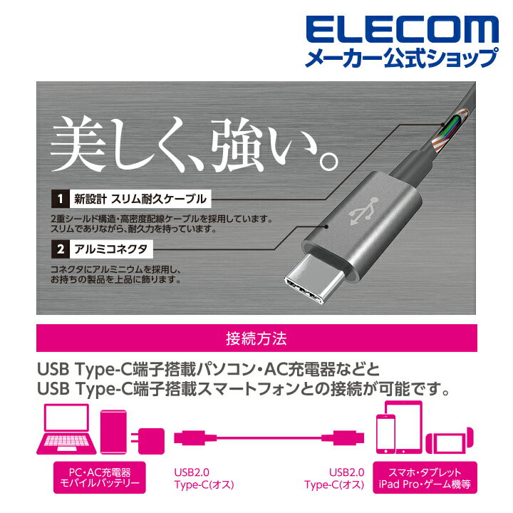 エレコム スマホ・タブレット 用 USBケーブル USB2.0 ケーブル TypeC-TypeC USB パワーデリバリー対応、耐久仕様 タイプC USB Power Delivery対応 認証品 2.0m ブラック MPA-CCPS20PNBK