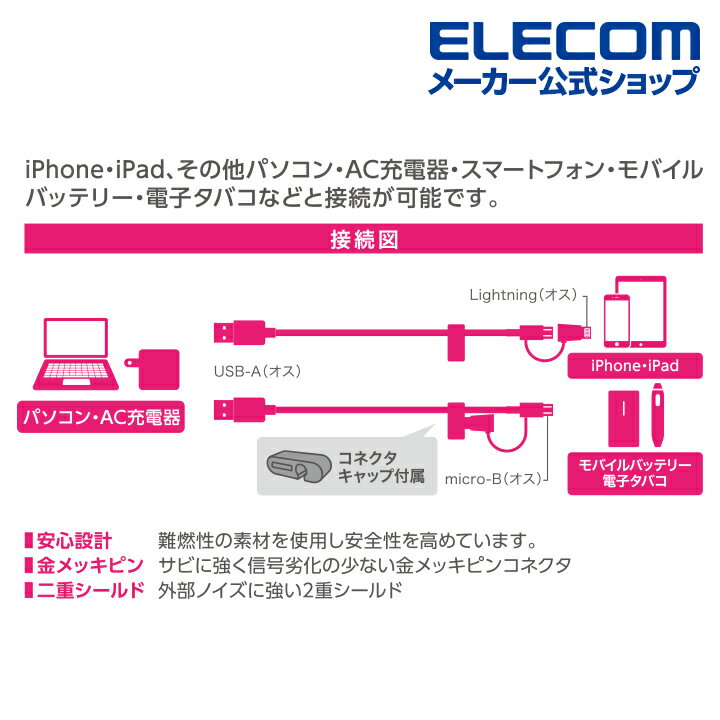 エレコム Lightning変換 アダプタ付 microUSBケーブル スマートフォン用USBケーブル 2in1 microUSB+Lightning 0.7m ホワイト MPA-AMBLAD07WH