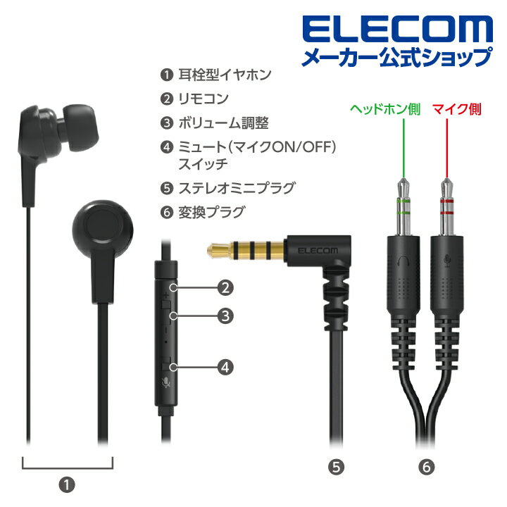 エレコム インナーイヤー型 ヘッドセット 有線 4極φ3.5mm マイク ミュートスイッチ付き カナル 両耳 変換ケーブル付 ブラック HS-EP17TBK