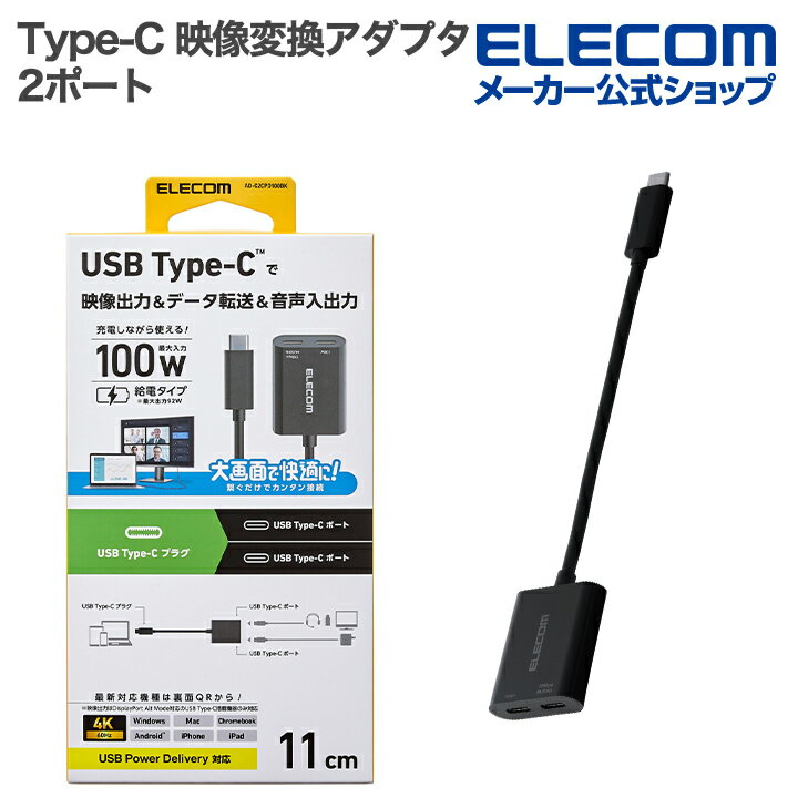 エレコム Type-C 映像変換アダプタ 2ポート パワーデリバリー充電付き Type-C-Type-C×2 4K60Hz 10Gpbs ブラック ELECOM AD-C2CPD100BK