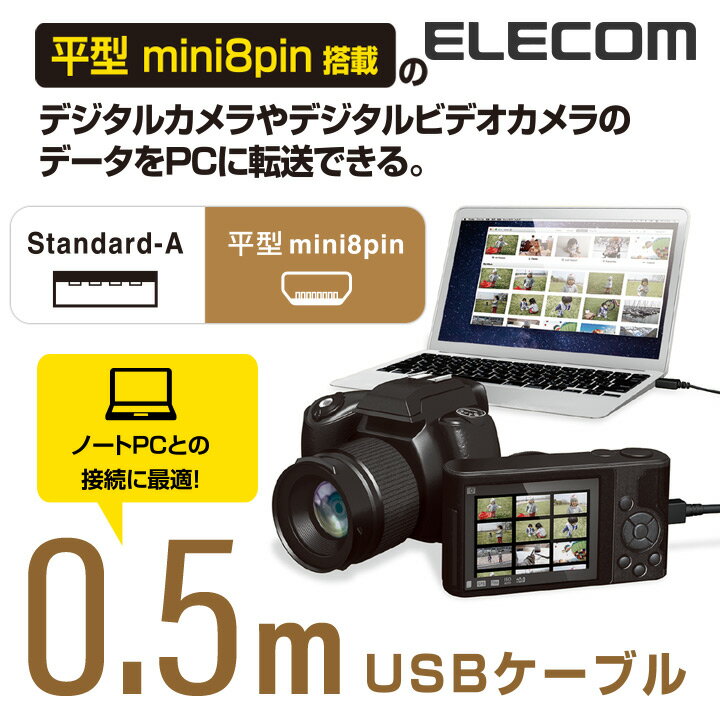 エレコム カメラ接続用USBケーブル 平型mini8pinタイプ/0.5m DGW-F8UF05BK