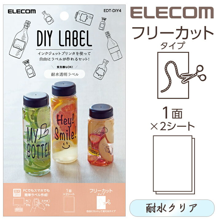 エレコム ラベル用紙 DIYラベル ハガキサイズ 耐水 クリアタイプ フリーカット×2シート EDT-DIY4