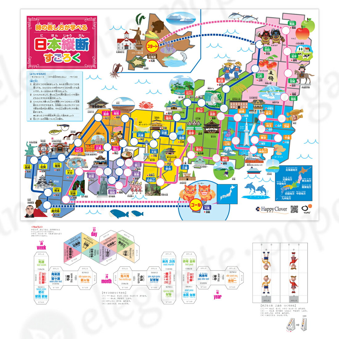 商品説明 -お母様方へ- スマホアプリを見る時間が長くなり、急性内斜視になるお子様が増加傾向だそうです。 目に負担がかかりにくい大きなサイズのポスターで学習してほしいという願いからB2サイズになっております。 「おとといは何をしましたか？」 「おととしは何歳でしたか？」 「しあさってはあと何回寝ますか？」 など、面接ではお子様の記憶力を試す質問が多く見受けられます。 小さいお子様は時間の表し方がわかりにくいものです。 過ぎているのに先（さき）と書く 先週　あさって明後日が何日後なのか 未来の目がでたら進み、過去の目がでたら戻ります。サイコロには進み方が書いてありますのでそのとおりに戻ったり進んだりして、時系列を学習します。 明日は1つ進む 昨日は1つ戻る このサイコロで遊ぶことで、日にちの質問を自然と理解して早く答えることができるようになります。 日・週・月・年別に表したサイコロで進んだり、戻ったりしながら北海道のスタートからゴールの沖縄を目指します。時のあらわし方を覚えたら、6の目の普通のサイコロで遊んでも楽しめます！ 日・週・月・年の好きなサイコロを選んで、二人以上で北海道から進んでください。 二人で遊ぶ場合は、日本海側・太平洋側を決めます。北海道からは戻れないので過去の目がでたらSTAYになります。留まった県には県庁所在地が表示されているので、 例：　ひょうごけん　こうべ などと是非、声を出すようにしていただくとお子様が自然と覚えてくれるはずです。紙上旅行の気分で遊びながら、日本地図と県庁所在地、時のあらわしかたを学んでください。 日本縦断&#174;は株式会社ゆうきプランニングの商標登録です。 サイズ すごろく：B2サイズ(B4用紙4枚分の大きさ) さいころ台紙：B4サイズ 素材 水に強く破れにくい合成紙の【ユポ&#174;】を使用！面接対策ポスター 日本縦断すごろく&#174; おととい、あさっての違いがわかるサイコロ（英・日対応）で遊んで学ぶ 「おとといは何をしましたか？」 「おととしは何歳でしたか？」 「しあさってはあと何回寝ますか？」 など、面接ではお子様の記憶力を試す質問が多く見受けられます。 小さいお子様は時間の表し方がわかりにくいものです。 過ぎているのに先（さき）と書く 先週　あさって明後日が何日後なのか 未来の目がでたら進み、過去の目がでたら戻ります。サイコロには進み方が書いてありますのでそのとおりに戻ったり進んだりして、時系列を学習します。 明日は1つ進む 昨日は1つ戻る このサイコロで遊ぶことで、日にちの質問を自然と理解して早く答えることができるようになります。 日・週・月・年別に表したサイコロで進んだり、戻ったりしながら北海道のスタートからゴールの沖縄を目指します。時のあらわし方を覚えたら、6の目の普通のサイコロで遊んでも楽しめます！ 日・週・月・年の好きなサイコロを選んで、二人以上で北海道から進んでください。 二人で遊ぶ場合は、日本海側・太平洋側を決めます。北海道からは戻れないので過去の目がでたらSTAYになります。留まった県には県庁所在地が表示されているので、 例：　ひょうごけん　こうべ などと是非、声を出すようにしていただくとお子様が自然と覚えてくれるはずです。紙上旅行の気分で遊びながら、日本地図と県庁所在地、時のあらわしかたを学んでください。 日本縦断&#174;は株式会社ゆうきプランニングの商標登録です。 &nbsp; 時の表し方がわかるサイコロ付き &nbsp; 素材には水に強いユポ&#174;を使用しています。 &nbsp; &nbsp;