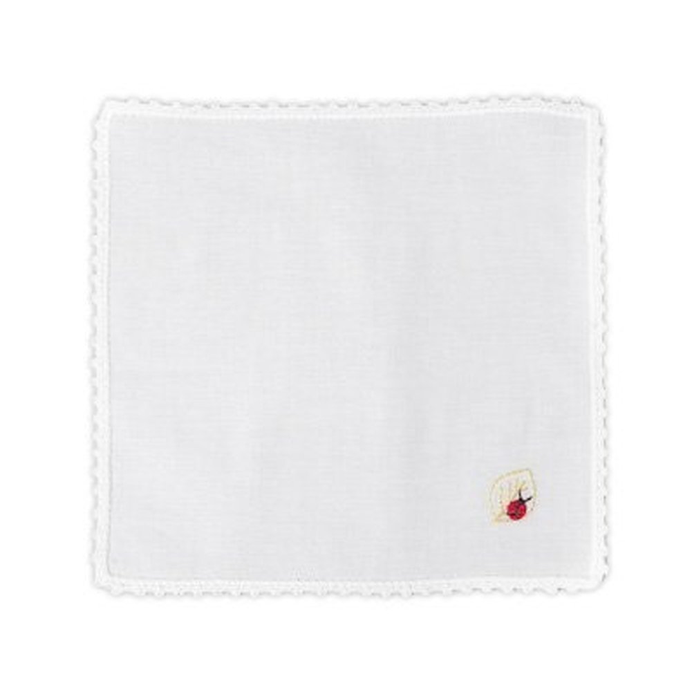 お受験専門店品質 皺になりにくい ピコレース綿ハンカチ 手刺繍 てんとう虫 15cm角サイズ