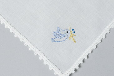 [ポスト投函送料無料] 【手刺繍】【青い鳥】皺になりにくい ピコレース綿ハンカチ（女の子用）【お受験スリッパの●エレガンテ・ポポ】