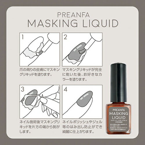 【最大3％OFF】 プリアンファ PREANFA マスキングリキッド 7ml 爪周りのはみ出しを防ぐ 皮膚に付着するのを防ぐ 日本製 ジェルネイル マニキュア ネイルポリッシュ パウダー ネイルアート ネイルデザイン セルフネイル ネイルサロン ネイルグッズ ネイル用品 新品 送料無料 3