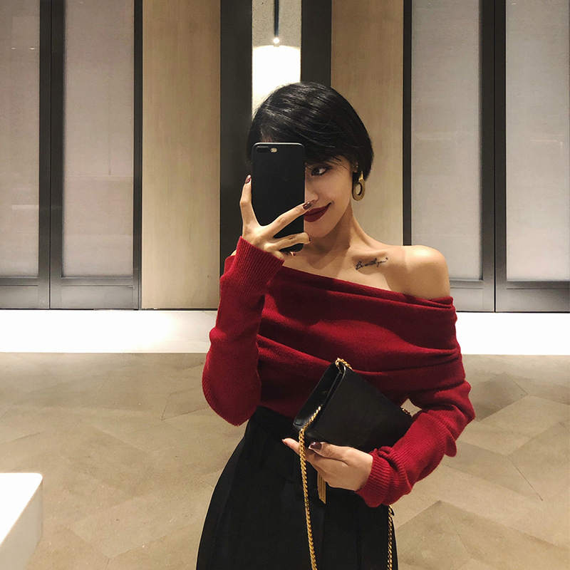 レディース 韓国ファッション ニット オフショルダー ざっくり ゆるシルエット 長袖 シンプル セーター トップス カジュアル セクシー 大人 可愛い 大人女子 キレイ目コーデ おしゃれ お出かけ デイリー 普段着 ブラック ワインレッド フリーサイズのサムネイル