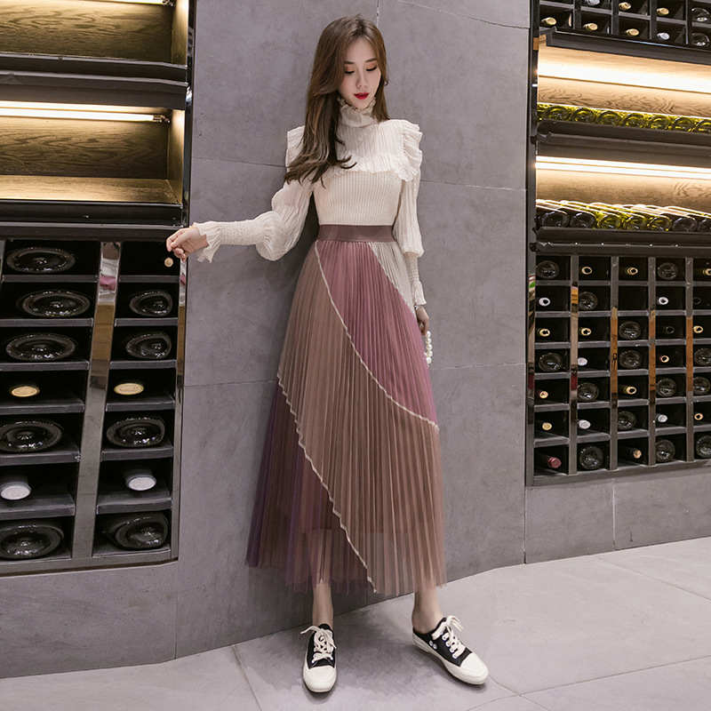 レディース 韓国ファッション プリーツスカート シースルー ミモレ丈 ロング丈 膝下丈 ハイウエスト ボトムス カジュアル キレカジ 大人可愛い フェミニン きれいめ おしゃれ お出かけ 甘辛コーデ デイリー お呼ばれ ベージュ パープル フリーサイズ