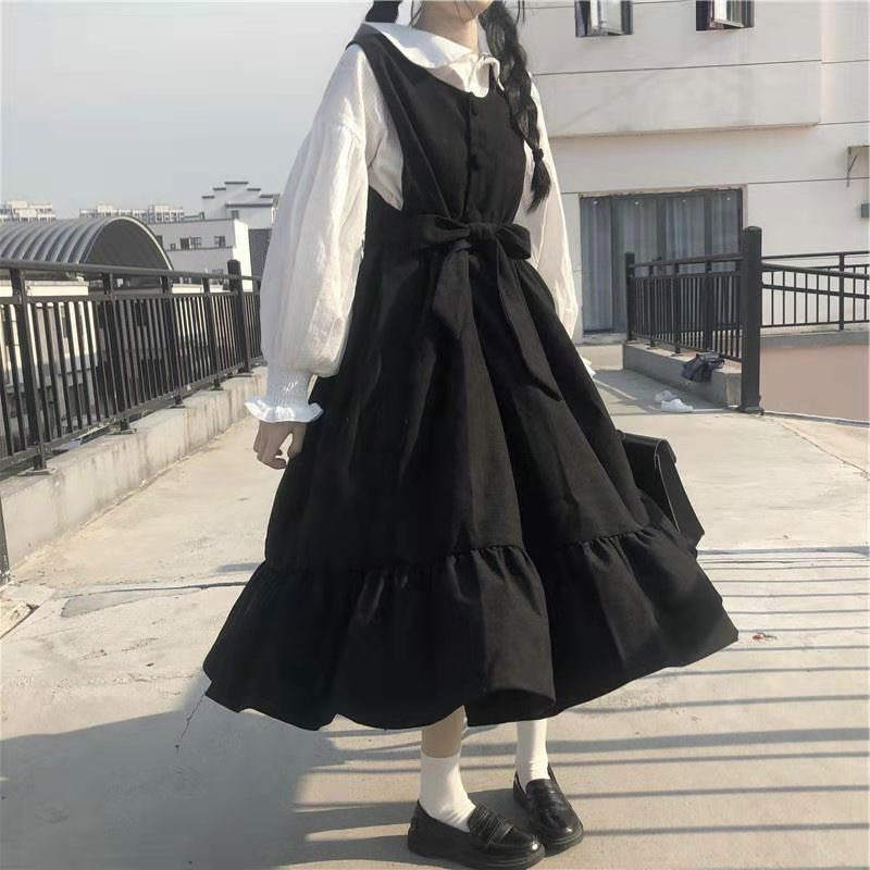 レディース 韓国ファッション ツーピース 長袖 シャツ 無地 ロング丈 スカート フレア 春夏 ゴスロリ キュート 大人可愛い ガーリー 大人ガーリー フェミニン お出かけ デート デイリー ブラック フリー