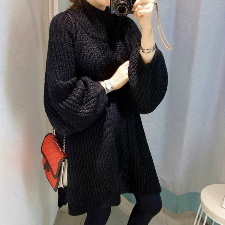 2点で500円OFFクーポン レディース 韓国ファッション ニット ハイネック ロング丈 スリット リブニット ざっくり リブ編み シンプル 無地 セーター 長袖 トップス 学生 ママコーデ ブラック グリーン 黒 緑 フリーサイズのサムネイル