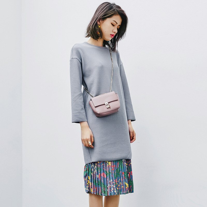 レディース 韓国ファッション ツーピース ドレス ロング カットソー 丸首 ロングスリーブ シフォン スカート 花柄 普段着 オフコーデ OFF 上品 フォーマル グレー イエロー ブラウン M L XL
