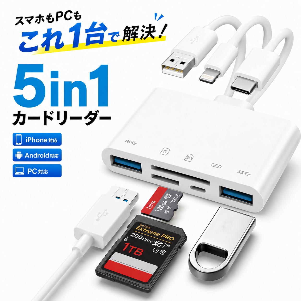 SDカードリーダー iPhone iPad Android PC対応 5in1 カードリーダー 2TB Lightning Type-C USBメモリ対応 microSD SDカード 多機能 データ転送 写真 動画 バックアップ