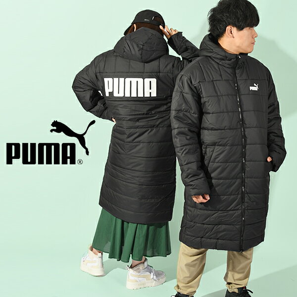 プーマ ベンチコート メンズ 30%off 送料無料 プーマ ロング丈 中綿ジャケット PUMA ESS+ パデッドコート ベンチコート 撥水 アウター 防寒 ジャンパー スポーツ観戦 フード付き 672446