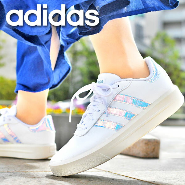 30%off 送料無料 アディダス レディース 厚底 スニーカー ヒール高3.5cm adidas COURT PF W ローカット カジュアル シューズ 靴 ホワイト 白 玉虫色 オーロラ 2024春夏新作 IG8606のサムネイル