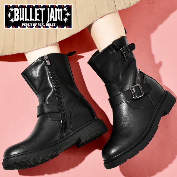 送料無料 エンジニアブーツ BULLET JAM バレットジャム レディース インヒール 6cm 美脚 脚長 ショートブーツ サイドジップ ショート丈 ブーツ シューズ 靴 黒 ブラック BJ-18112