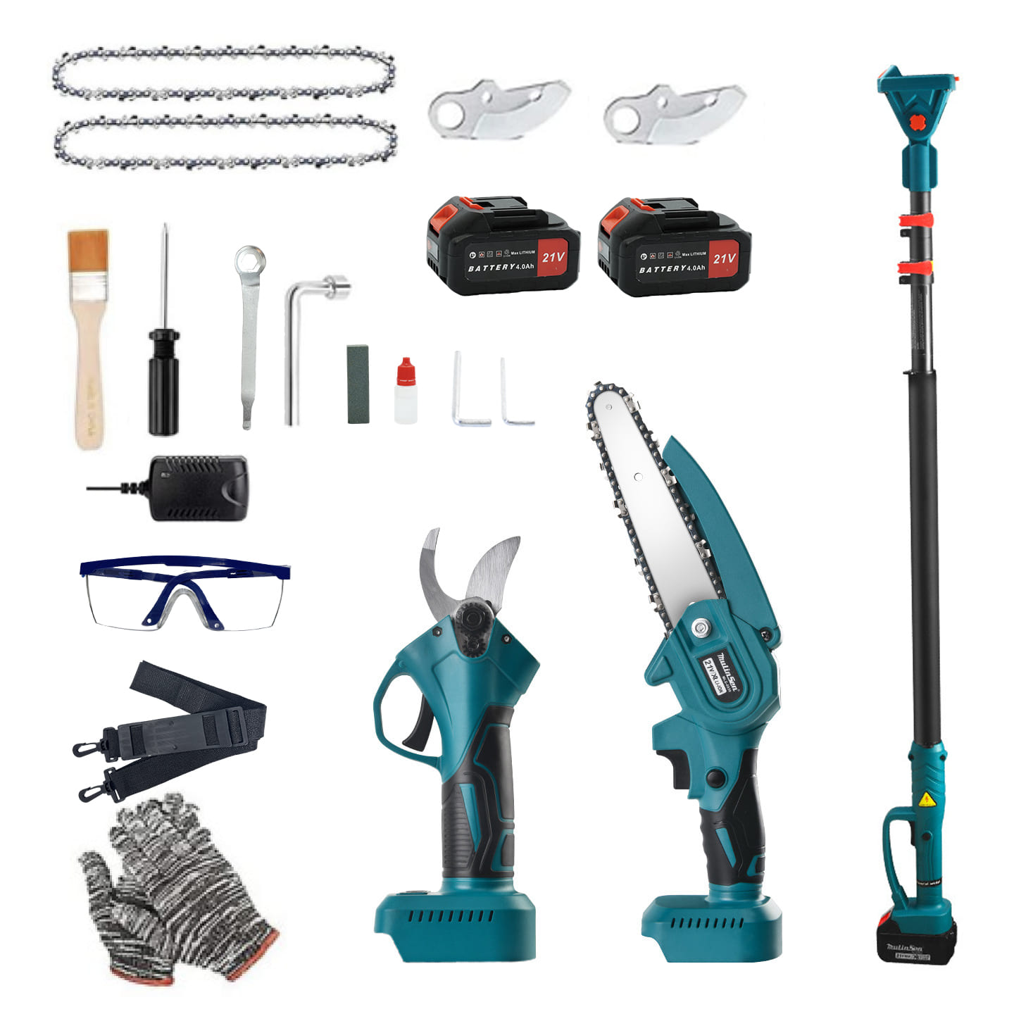 高枝切り電動チェーンソー 剪定ハサミ ブラシレスモーター技術 剪定はさみ 1.34m-2.13m着脱式伸縮延長ポール付 21V 3000mAh大容量独立型バッテリー付 1台で4つの機能を実現 マキタのバッテリー対応 安全の機能設計 日本語取扱説明書付 /kc001