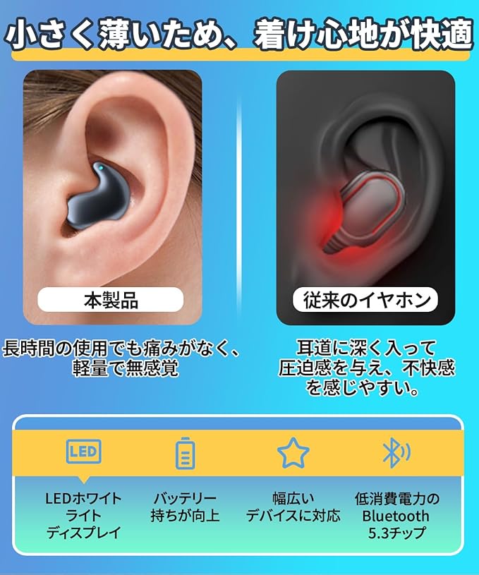 Kandar 【昼夜兼用イヤホン】 寝ホン 小型 睡眠用イヤホン 痛くない ワイヤレス Bluetooth 寝ながら ワイヤレスイヤホン ミニサイズ 超小型 インナーイヤー型 左右分離型 片耳/両耳 Type‐C iOS Android KD-S21 ブラック 3