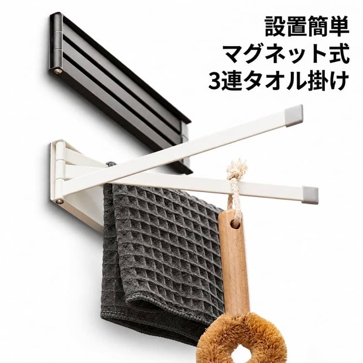 使わないときはハンガーを畳めてコンパクトに収納！わずか厚さ1.3cmで邪魔になりません。布巾やミトン·調理道具など、多くのアイテムが溢れかえるキッチンはごちゃごちゃになりがち。そんな時はこのハンガーがあれば、スッキリと整理することが可能です。使用場所や目的に合わせて、左開き・右開きどちらの向きでも設置可能。便利にお使いいただけます。ハンガーの先端には、落下防止のシリコンキャップが付属。安心しておつかいいただけます。最大180°まで可動。好きな角度に調整が可能なのでタオル同士を離して干すことが出来て清潔です。マグネットの両面シートを本体につけるだけ。キッチンや冷蔵庫はもちろんマグネットが使える場所なら工事なしですぐに使えて便利♪。 サイズ 24*6CM サイズについての説明 24*6CM　※サイズ表の実寸法は商品によって1-2cm程度の誤差がある場合がございます。 素材 マグネット 色 ホワイト ブラック 備考 ●サイズ詳細等の測り方はスタッフ間で統一、徹底はしておりますが、実寸は商品によって若干の誤差(1cm～3cm )がある場合がございますので、予めご了承ください。 ●製造ロットにより、細部形状の違いや、同色でも色味に多少の誤差が生じます。 ●パッケージは改良のため予告なく仕様を変更する場合があります。 ▼商品の色は、撮影時の光や、お客様のモニターの色具合などにより、実際の商品と異なる場合がございます。あらかじめ、ご了承ください。 ▼生地の特性上、やや匂いが強く感じられるものもございます。数日のご使用や陰干しなどで気になる匂いはほとんど感じられなくなります。 ▼同じ商品でも生産時期により形やサイズ、カラーに多少の誤差が生じる場合もございます。 ▼他店舗でも在庫を共有して販売をしている為、受注後欠品となる場合もございます。予め、ご了承お願い申し上げます。 ▼出荷前に全て検品を行っておりますが、万が一商品に不具合があった場合は、お問い合わせフォームまたはメールよりご連絡頂けます様お願い申し上げます。速やかに対応致しますのでご安心ください。
