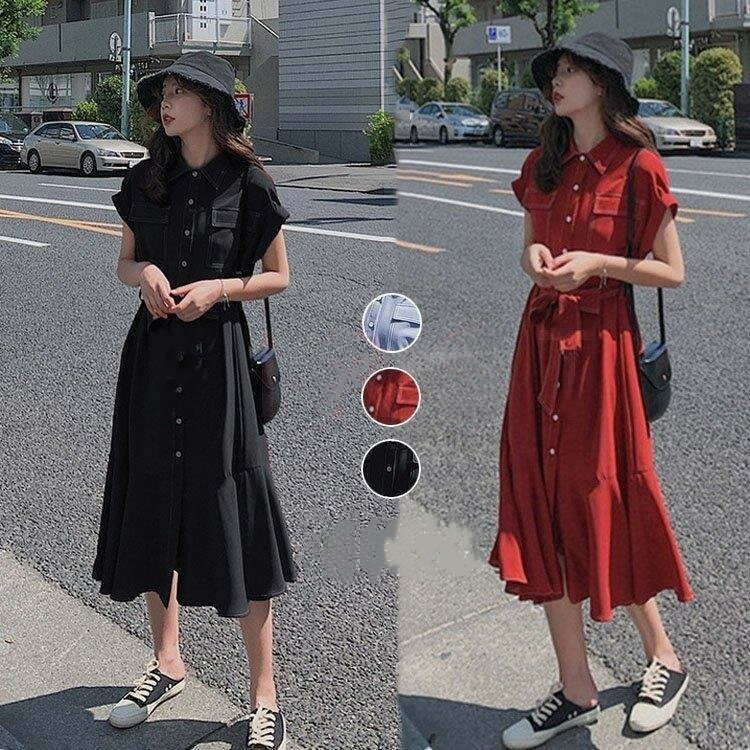 樂天商城 - きれいめ レディース 40代 3色 リボン 半袖ワンピース フレアスカート シャツワンピース ゆったり オシャレ シャツワンピース 韓国風 通勤 着痩せ