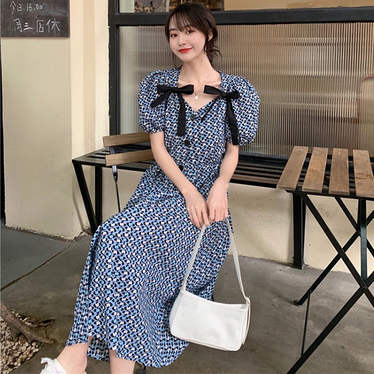 樂天商城 - ワンピース ワンピース 半袖ワンピース マキシワンピース 40代 レディース 花柄 リボン Vネック パフスリーブ フレアスカートオシャレ韓国風 大人