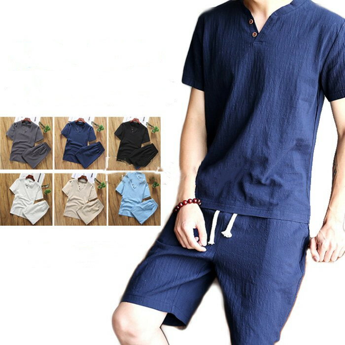 メンズ ルームウェア 綿麻 涼しい通気 夏 無地 セットアップ 部屋着 2点セット リネン素材 五分丈サルエルパンツ ゆったり 半袖Tシャツ*ショートパンツ