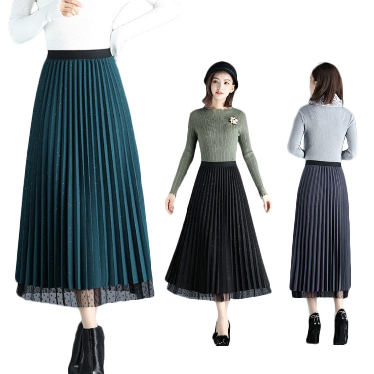 Rakuten - レディース 両面着 プリーツスカート ロングスカート ハイウエスト ガーゼ Aライン 春夏 女性 ミモレ丈 キラキラ シンプル カジュアル おしゃれ フェミニン 着痩せ ウエストゴム ボトムス