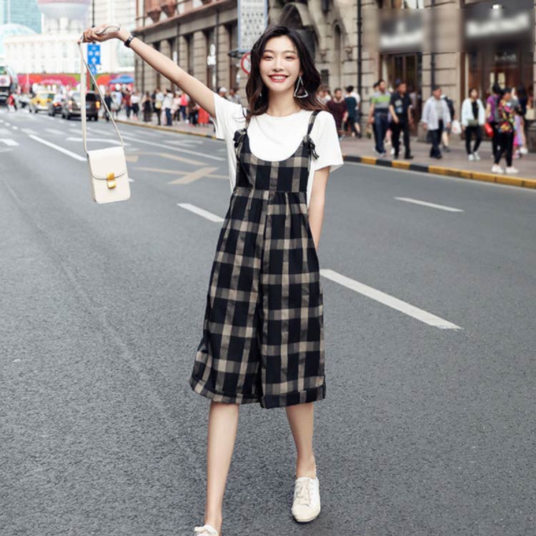 レディース サロペットパンツ ワイドパンツ パンツ 二点セット チェーク柄 夏用 七分丈 無地 膝丈 透けない シンプル カジュアル おしゃれ 送料無料 ボトムス 女性 大人 韓国 ゆったり 着痩せ