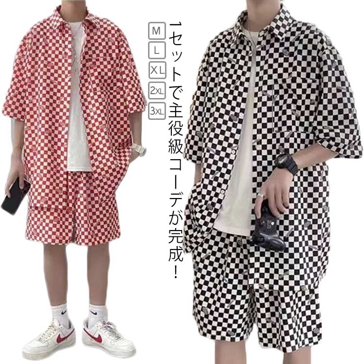 楽天クラッチバッグ elevenone夏 シャツ ゆったり 半袖 2点セット ショートパンツ 柄シャツ 大きいサイズ チェッカーフラッグ柄 総柄シャツ アロハシャツ セットアップ 海 川 リゾート 夏休み ハーフパンツ セットアップ カジュアル おしゃれ ストリート メンズ