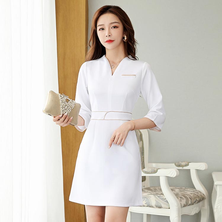 白衣 エステ 制服 サービス ワンピース ユニフォーム 美容師 ホワイト 受付 ヘッドスパ サロン ワンピ レディース 女性用 半袖 五分袖 作業着 歯科 美容 クリニック 作業服 エステティシャン ウエア おしゃれ ブラック エステサロン