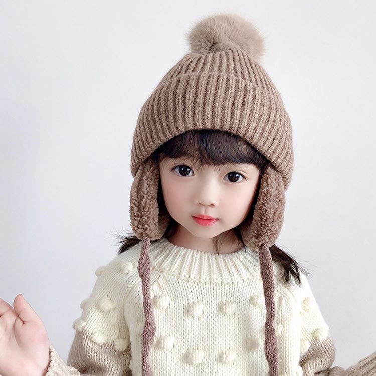 裏起毛 ニット帽子 耳あて キッズ 耳付き 寒さ対策 子供用 耳保護 ボア ハット 女の子 ポンポン あごひも 暖かい 防寒 ニット帽 秋冬 男の子 赤ちゃん ベージュ 無地 柔らかい オシャレ かわいい 保温 送料無料 イエロー ブラック ホワイト グレー 帽子 3