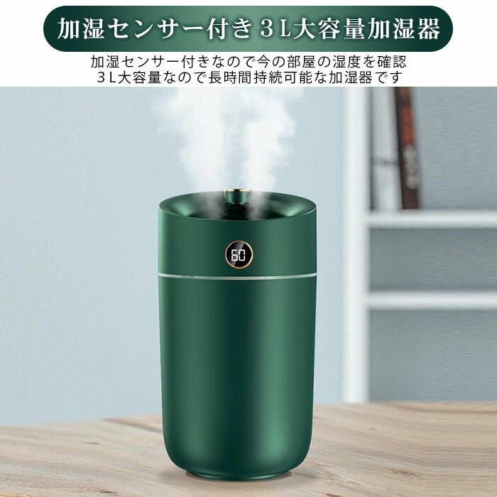 【期間限定！10%OFFクーポン】加湿器 卓上 3L LEDライト付き USB給電 空焚き防止 大容量 ダブル噴霧口 上から給水 静音 軽量 お手入れ簡単 3000ml おしゃれ ダブルジェット 長時間連続加湿 超静音 省エネ 乾燥 ホワイト グリーン 部屋 寝室 オフィス リビング