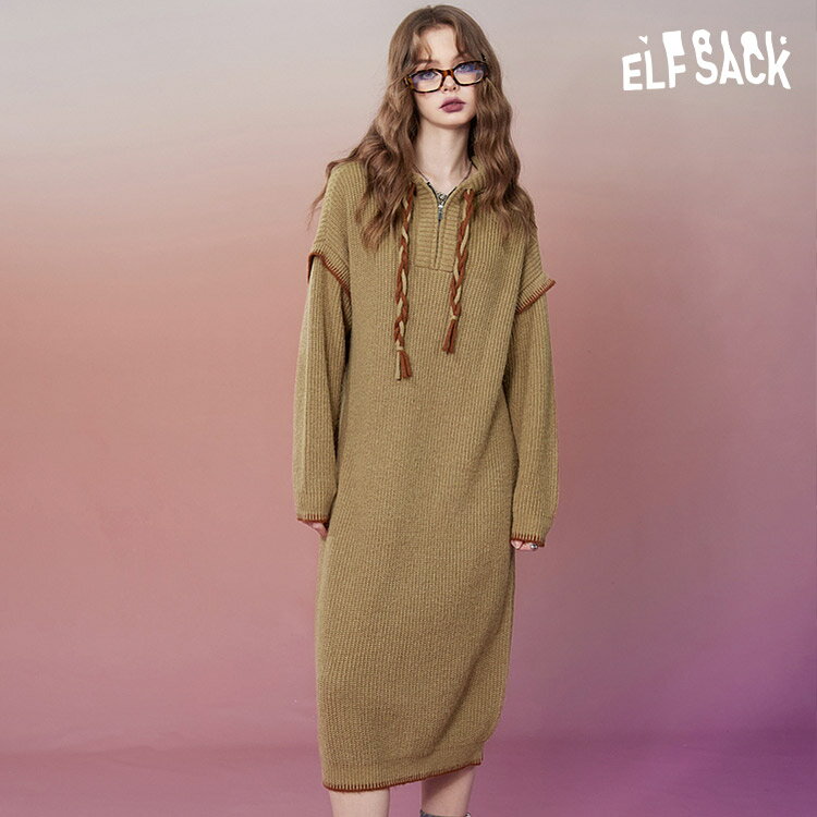 送料無料 ELFSACK ワンピース レディース エルフサック ギャル Y2K ブランド カーキ ニットワンピース フード付き ミモレ丈 秋 冬 きれいめ おしゃれ 可愛い カジュアル 体型カバー 30代 40代 50代 uvカット韓国 ファッション 個性的 派手
