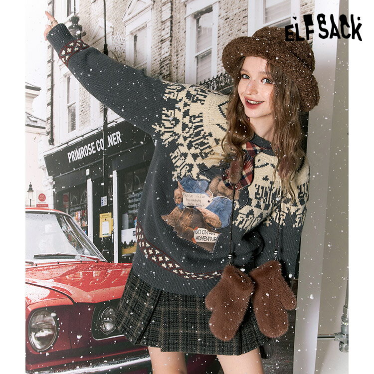 送料無料 ELFSACK セーター レディース エルフサック ギャル Y2K ブランド トップス グレイ プルオーバー　丸首　熊柄　ゆったり ニットセーター 冬 秋 きれいめ おしゃれ 大きいサイズ 韓国 ファッション 個性的 派手のサムネイル