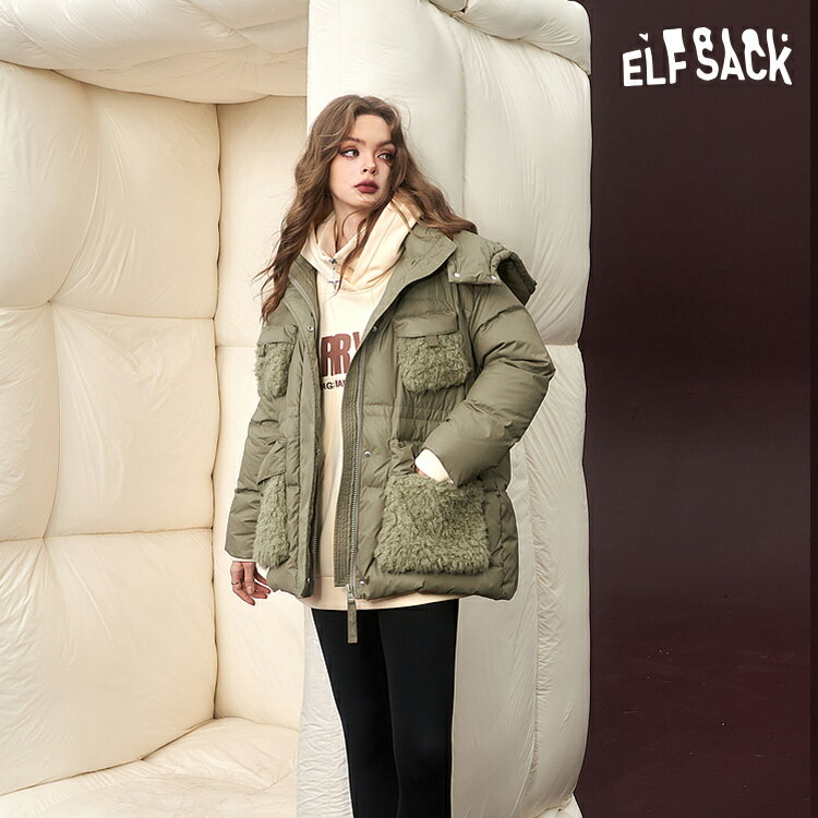 送料無料 ELFSACK ダウンジャケット レディース エルフサック ギャル Y2K ブランド グリーン フード付き ショート丈 秋 冬物 冬 軽量 秋 冬 きれいめ おしゃれ 可愛い 韓国 ファッション 個性的 派手