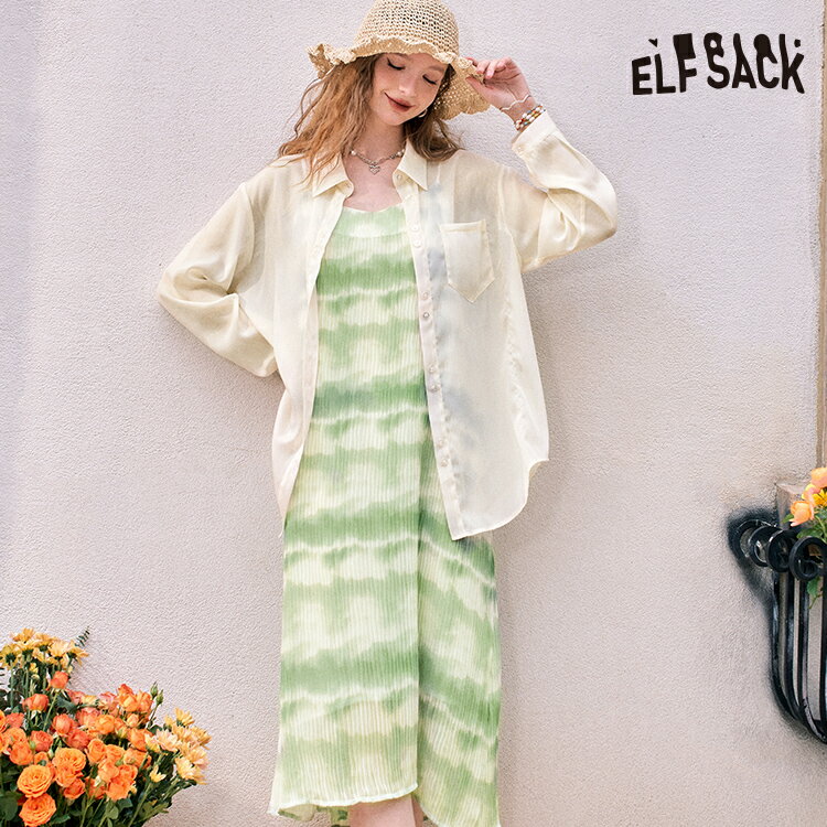 送料無料 ELFSACK ワンピース シフォンシャツ 2点セット レディース エルフサック ギャル Y2K ブランド スクエアネック キャミワンピ ミモレ丈 春 夏 きれいめ おしゃれ 可愛い カジュアル 体型カバー 30代 40代 118代 uvカット韓国 ファッション 個性的 派手