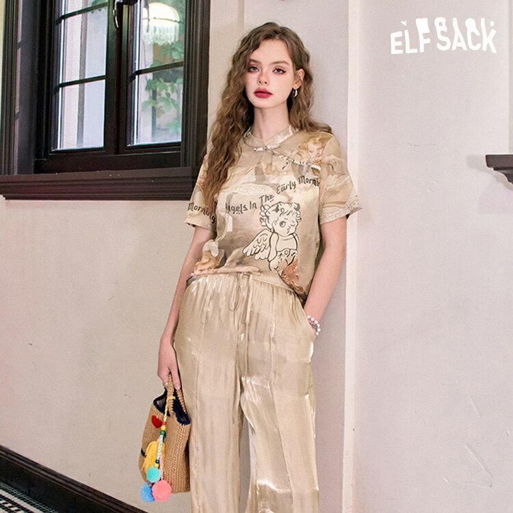 送料無料 ELFSACK レディース Tシャツ エルフサック ギャル Y2K ブランド トップス シアーシャツ チャイナボタン 半袖 ゆったり 春 夏 きれいめ おしゃれ 可愛い カジュアル 体型カバー 30代 40代 50代 uvカット韓国 ファッション 個性的 派手
