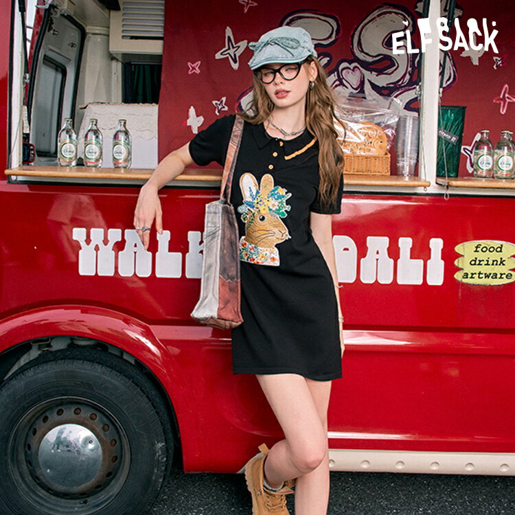 送料無料 ELFSACK ワンピース シャツワンピース うさぎ プリント 半袖 レディース エルフサ