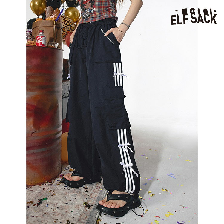 送料無料 ELFSACK パンツ ズボン ボトムス リボン　カーゴパンツ　ワイドパンツ レディース エルフサック ギャル Y2K ブランド 春 夏 きれいめ おしゃれ 可愛い カジュアル 体型カバー 30代 40代 50代 uvカット韓国 ファッション 個性的 派手のサムネイル