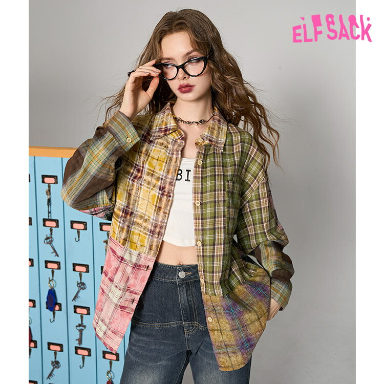 送料無料 ELFSACK トップス シャツ ブラウス チェック柄 アメカジ 長袖 切り替え レディース エルフサック ギャル Y2K ブランド 秋 冬 きれいめ おしゃれ 可愛い カジュアル 体型カバー 30代 40代 50代 uvカット韓国 ファッション 個性的 派手のサムネイル