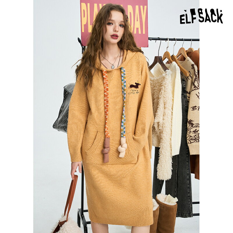 送料無料 ELFSACK ワンピース フード付き ニットワンピース ミモレ丈 長袖 レディース エルフサック ギャル Y2K ブランド 秋 冬 きれいめ おしゃれ 可愛い カジュアル 体型カバー 30代 40代 50代 uvカット韓国 ファッション 個性的 派手
