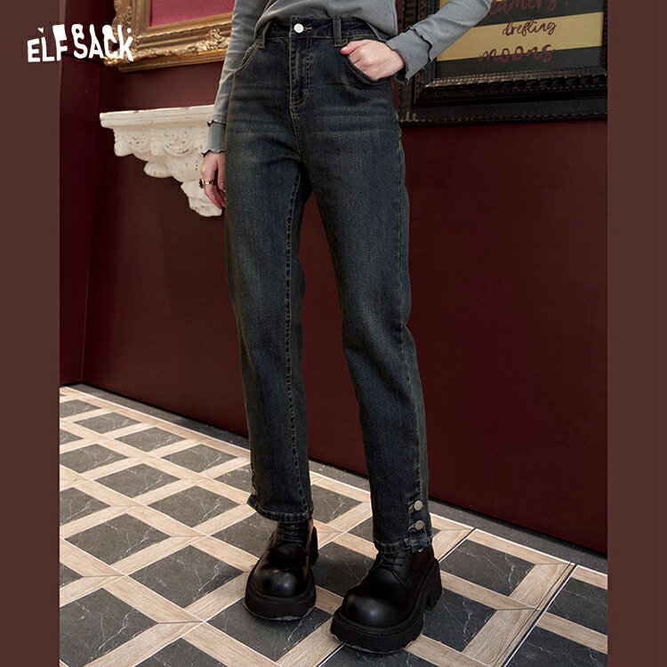 送料無料 ELFSACK ジーンズ デニムパンツ ジーパン ボトムス レトロ レギュラー ストレート レディース エルフサック ギャル Y2K ブランド 秋 冬 きれいめ おしゃれ 可愛い カジュアル 体型カバー 30代 40代 50代 uvカット 韓国 ファッション 個性的 派手
