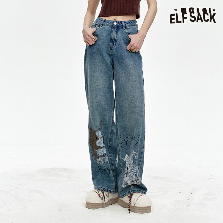 送料無料 ELFSACK ジーンズ デニムパンツ ジーパン ボトムス アメカジ レトロ 落書き 犬 レディース エルフサック ギャル Y2K ブランド 秋 冬 きれいめ おしゃれ 可愛い カジュアル 体型カバー 30代 40代 77代 uvカット 韓国 ファッション 個性的 派手のサムネイル